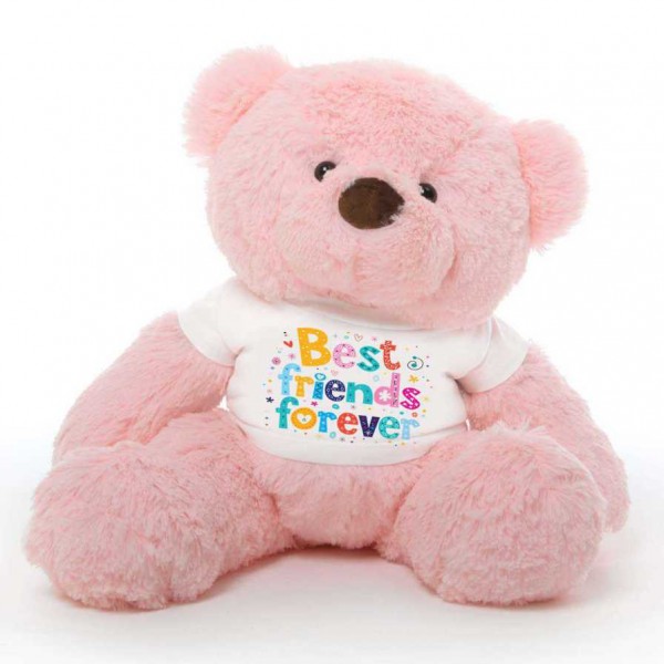 Pink 2 feet Fur Face Big Teddy Bear wearing a Best Friends Forever T-shirt